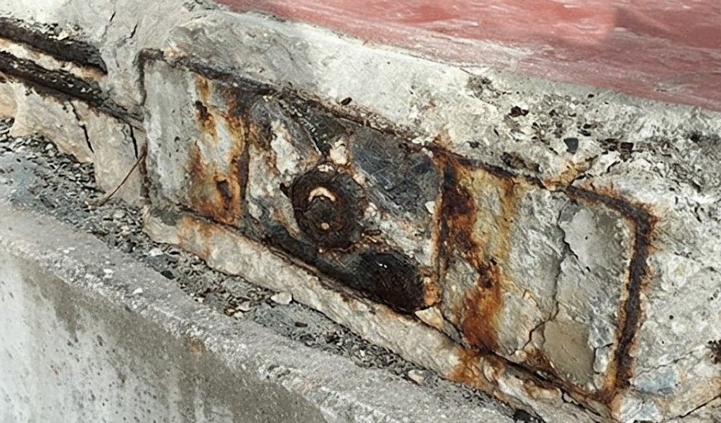 Corroded post-tensioning anchor at a slab edge with rust staining and spalled concrete, a key warning sign in post tension slab inspection