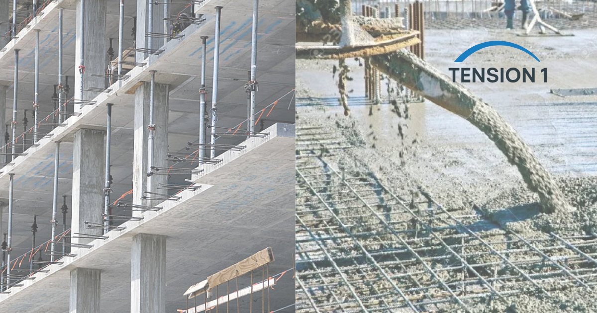 Thin flat slabs of a multi-story concrete frame on shoring beside concrete placed over a rebar mesh, post tension slab vs RC construction