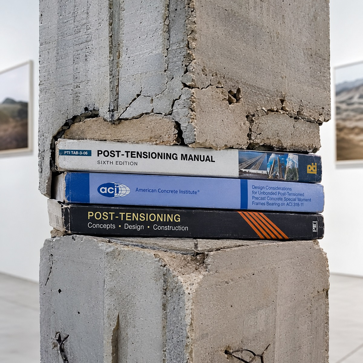 Concrete column resting on PTI and ACI reference books, illustrating the codes and standards behind post tension slab design