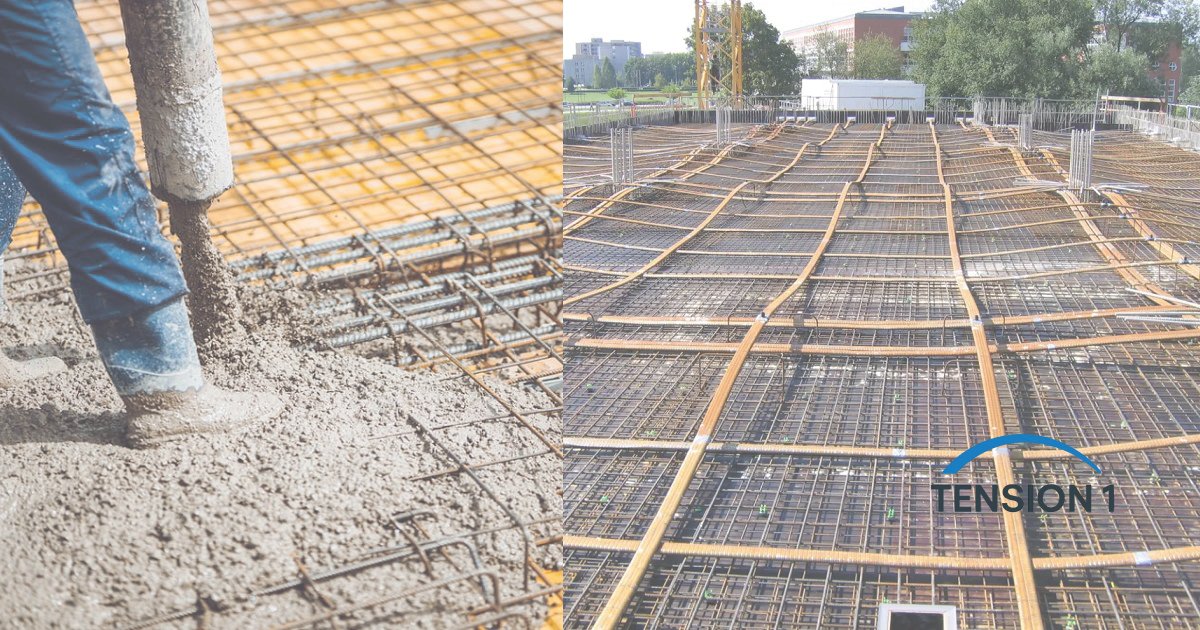 Post tension slab vs reinforced concrete slab: concrete placed over a conventional rebar mat on the left, unbonded tendons laid in both directions over mild steel on the right
