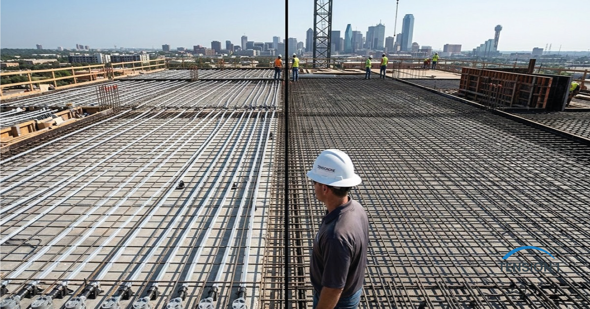 PT vs rebar on a Dallas commercial deck: post tension slab tendons on the left, conventional rebar mat on the right