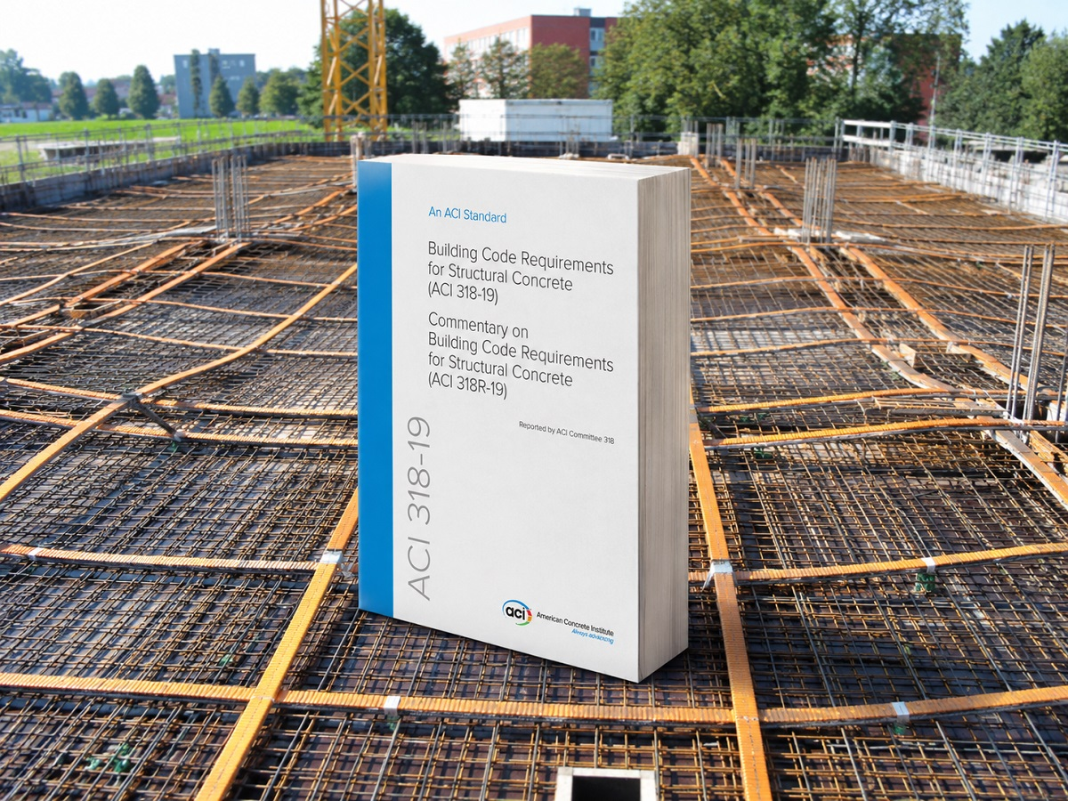 ACI 318-19 Building Code Requirements for Structural Concrete book standing on a post tension slab deck with tendons laid out before concrete placement