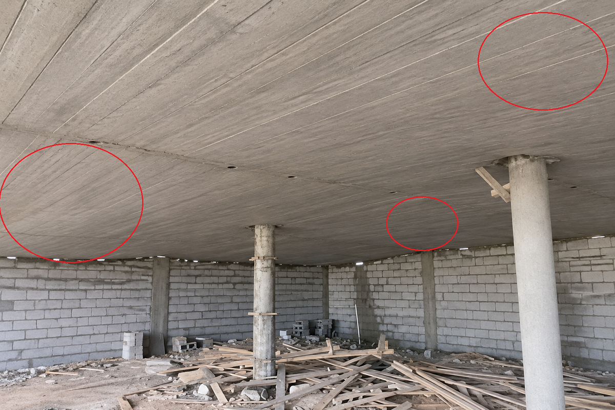 Underside of a post tension slab on round columns, with red circles marking the zones where deflection exceeded the allowable limit