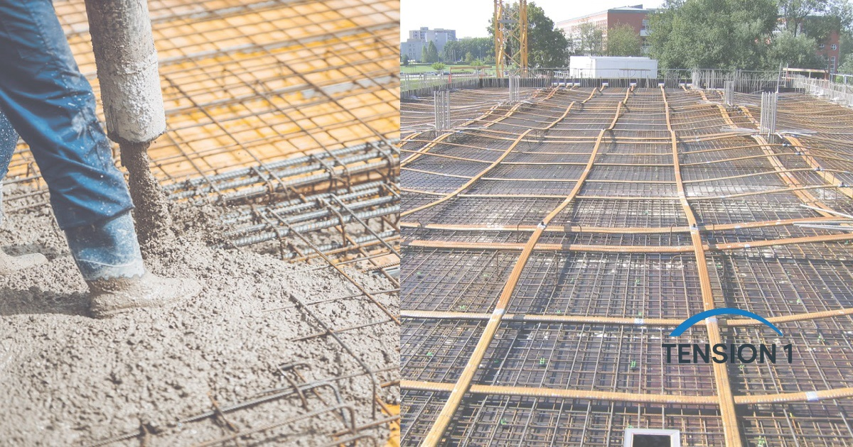 Post tension slab vs rebar: concrete poured over a conventional rebar mat on the left, draped post-tensioning tendons over mild steel on the right