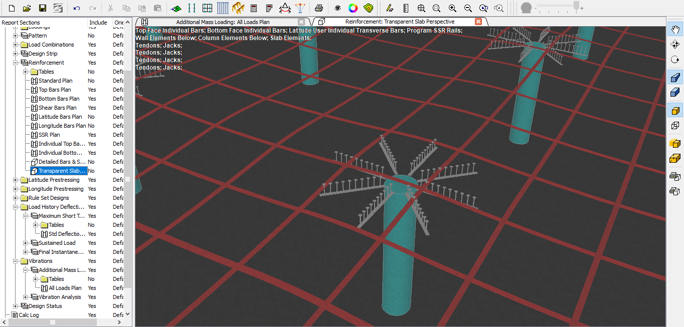 Civil engineering software showing load calculations for a concrete slab